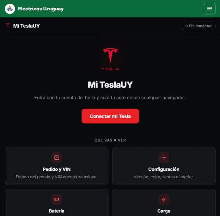 Pantalla de inicio de Mi TeslaUY